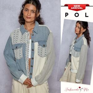 POL Long Sleeves Lace Details Button Up Chest Pockets Denim Jacket | Cerulean